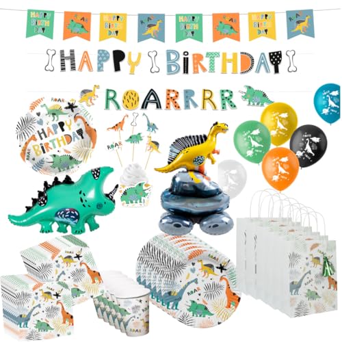 minimutz Geburtstag Deko Dino Set, 50+ Teile Kindergeburtstag Jungen, Partydekoration Dinosaurier Luftballons Partygeschirr Girlande, XL Geburtstagsdeko Kinder von minimutz
