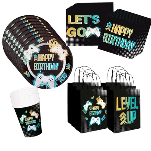 minimutz Geburtstag Deko Level Up Set, Geschirrset Kindergeburtstag Jungen, Partygeschirr Becher Teller Servietten Mitgebsel Tüten, Levelup Zocker Motto Party von minimutz