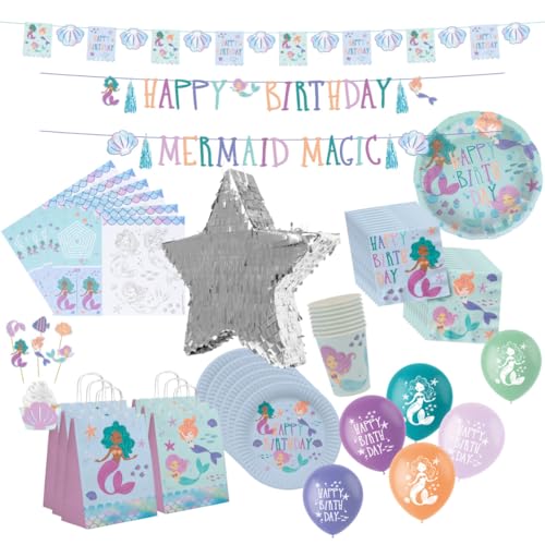 minimutz Geburtstag Deko Meerjungfrau Set, 100+ Teile Kindergeburtstag Mädchen, Partydekoration Mermaid Pinata Luftballons, XXL Geburtstagsdeko Kinder von minimutz