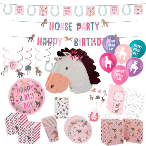 minimutz Geburtstag Deko Pferd Set, 100+ Teile Kindergeburtstag Mädchen, Partydekoration Pferde Pinata Luftballons, XXL Geburtstagsdeko Kinder von minimutz