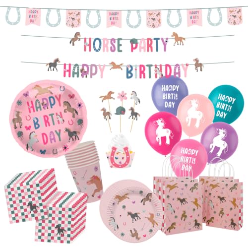 minimutz Geburtstag Deko Pferde Set, 50+ Teile Kindergeburtstag Jungen, Partydekoration Dinosaurier Luftballons Partygeschirr Girlande, XL Geburtstagsdeko Kinder von minimutz