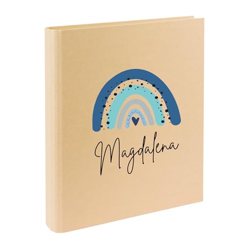minimutz Zeugnismappe Kinder mit Name personalisiert - Dokumentenmappe Regenbogen für Mädchen Jungen - Zeugnisordner Leinen zum Einsortieren (Mappe in creme, Regenbogen blau) von minimutz