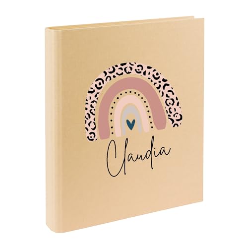 minimutz Zeugnismappe Kinder mit Name personalisiert - Dokumentenmappe Regenbogen für Mädchen Jungen - Zeugnisordner Leinen zum Einsortieren (Mappe in creme, Regenbogen rosa) von minimutz