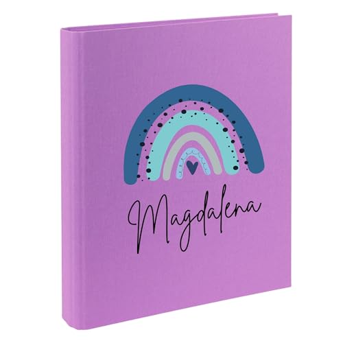 minimutz Zeugnismappe Kinder mit Name personalisiert - Dokumentenmappe Regenbogen für Mädchen Jungen - Zeugnisordner Leinen zum Einsortieren (Mappe in lila, Regenbogen blau) von minimutz