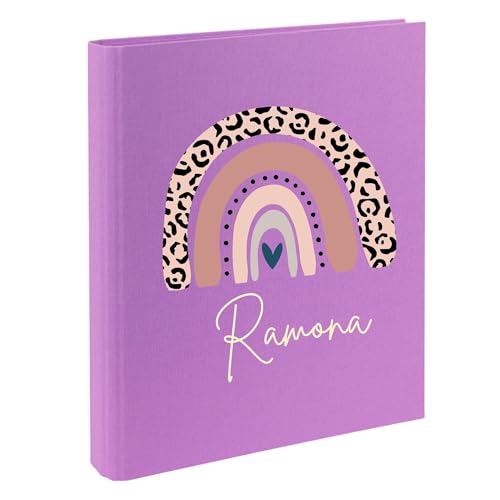 minimutz Zeugnismappe Kinder mit Name personalisiert - Dokumentenmappe Regenbogen für Mädchen Jungen - Zeugnisordner Leinen zum Einsortieren (Mappe in lila, Regenbogen rosa) von minimutz