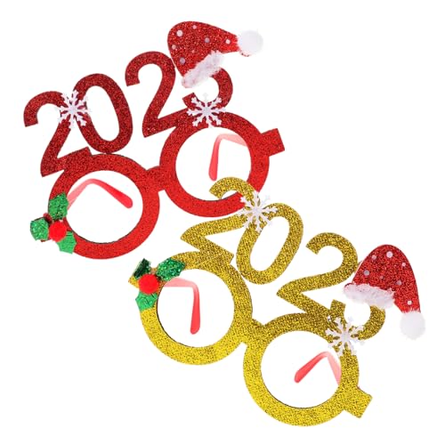 minkissy 2 Stück Weihnachtliche Partybrille Festliche Rot-goldene Weihnachtsdeko Brillen mit Schneemann Hirschdesign Wiederverwendbare Party Eyewear Props für Weihnachten von minkissy