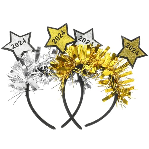 minkissy 2024 Frohes Neues Jahr-Stirnband 2 Stück Glitzernde Neujahrs-Party-Stirnbänder Hüte Feiertags-Stirnband Silvester-Partyzubehör Dekorationen Gold + Silber von minkissy