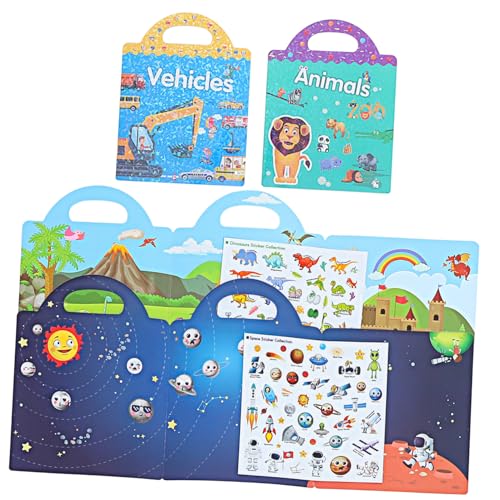 minkissy 4 Sätze Wiederverwendbares DIY Stickerbuch für Szenen aus Tieren Verkehr Dinosauriern und Weltraum Fördert Kreativität Konzentration und Frühkindliche Bildung für Vorschule und von minkissy