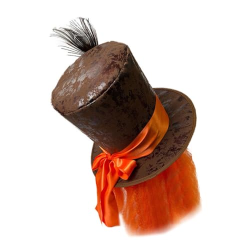 minkissy Magischer Karnevalshut mit Pfauenfeder Orangefarbener Perückenhut für Kostümpartys Vielseitiges Accessoire für Karneval Fasching Bühnenauftritte und Fotorequisiten von minkissy