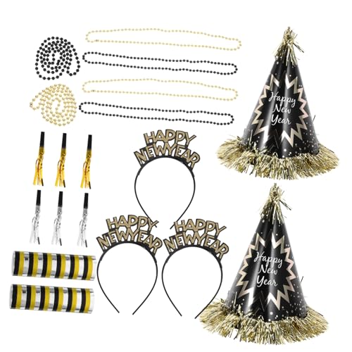 minkissy Neujahrs Partyset Schwarz Gold mit Papierkegelhüten Stirnbändern Perlenketten und Tröten für Silvesterfeiern Leichtes Vielseitiges Partyzubehör für Festliche Anlässe minkissy Neujahrs Partyset Schwarz Gold mit Papierkegelhüten Stirnbändern Perlenketten und Tröten für Silvesterfeiern Leichtes Vielseitiges Partyzubehör für Festliche Anlässe von minkissy