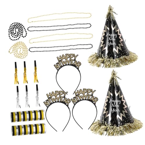 minkissy Neujahrs-partyset Schwarz-gold Dekorationen Papierhüte Halsketten Hörner für Silvester Feier Partyzubehör Sicher Leicht Wiederverwendbar von minkissy