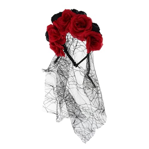 minkissy Rosenschleier Kopfbedeckung Mit Rosenblütenkrone Stirnband Mit Blumenkrone Floraler Kronenschleier Schädel-halloween-stirnband Blumenschleier Stirnband Gittergewebe Black von minkissy