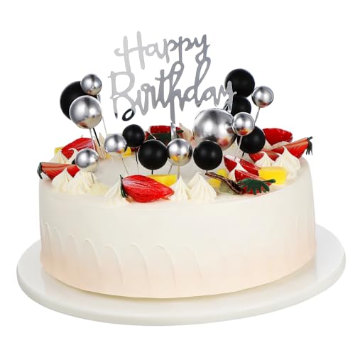 minkissy Schwarze und Silberne Cake Topper aus Papier mit Kugeln und Happy Birthday Stecker Stabile Tortendekoration für Geburtstag Hochzeit Babyparty und Halloween Fest von minkissy