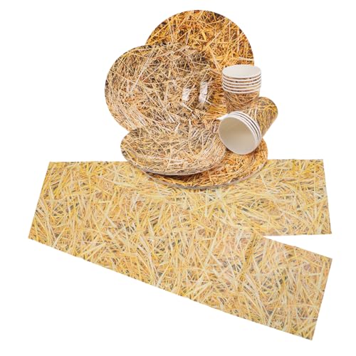 minkissy Tischdecke Teller Papierbecher Rustikale Hay Bale Party Supplies für Geburtstagsfeiern und Festlichkeiten im Wild West Stil minkissy Tischdecke Teller Papierbecher Rustikale Hay Bale Party Supplies für Geburtstagsfeiern und Festlichkeiten im Wild West Stil von minkissy