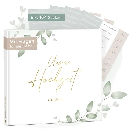 mintkind® Gästebuch Hochzeit zum Ausfüllen Greenery inkl. 4 Stickerbögen | 84 Seiten mit Fragen für die Gäste | Hochzeitsgeschenke für Brautpaar als Hochzeit Deko | Goldene Hochzeit Silber Hochzeit von mintkind