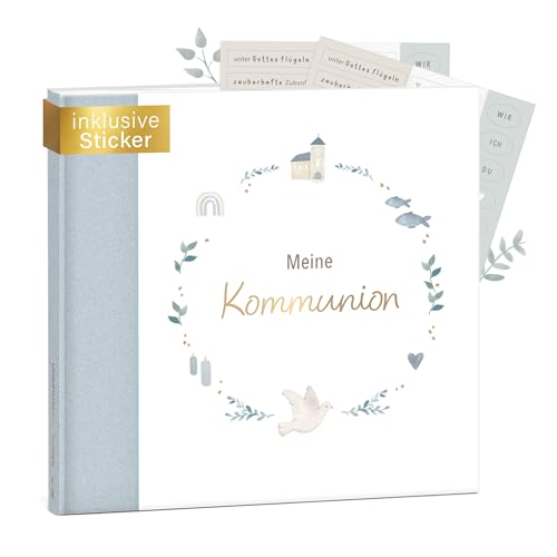 mintkind® Gästebuch Kommunion Blau - Erinnerungsbuch zur Kommunion, 72 Seiten zum Gestalten, edler Leinenbezug - Kommunionsgeschenk & perfekte Dekoration für die Kommunionfeier von mintkind