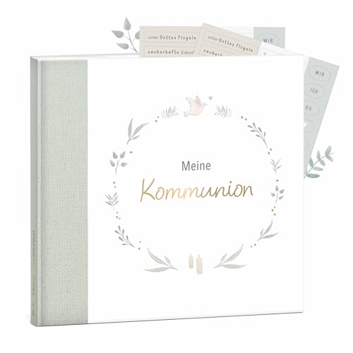 mintkind® Gästebuch Kommunion Salbei - Kommunionsbuch zum Ausfüllen, 72 Seiten zum Kreativgestalten, hochwertiger Leineneinband - Kommunionsgeschenk & Deko für die Kommunionfeier von mintkind