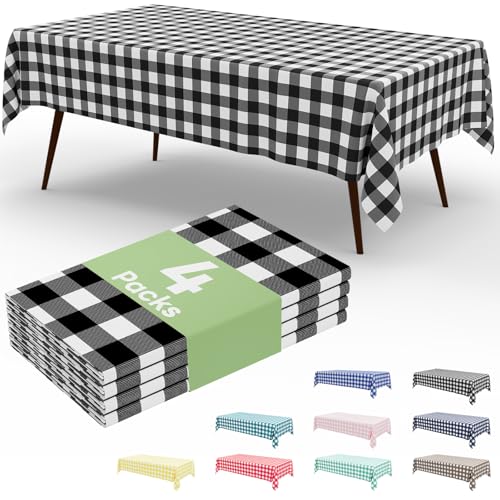 misaya Buffalo Einweg-Tischdecke, 137 x 274 cm, wasserdichte Kunststoff-Tischdecke, rechteckig, schwarz-weiß kariert, Tischdecken für Picknick, Geburtstag, Party, 4 Packungen von misaya