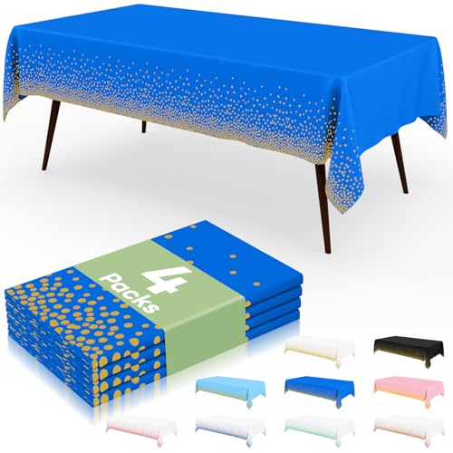 misaya Einweg-Tischdecke, gepunktet, 137 x 274 cm, wasserdichte Kunststoff-Tischdecke, rechteckig, goldfarbene Punkte in Marineblau, Tischdecke für Picknick, Geburtstag, Party, 4 Packungen von misaya