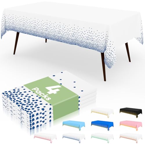 misaya Einweg-Tischdecke, gepunktet, 137 x 274 cm, wasserdichte Kunststoff-Tischdecke, rechteckig, marineblaue Punkte in Weiß, Tischdecken für Picknick, Geburtstag, Party, 4 Packungen von misaya