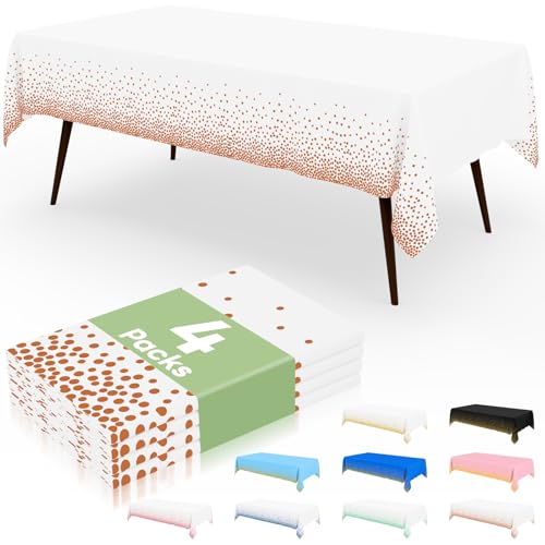 misaya Einweg-Tischdecke, gepunktet, 137 x 274 cm, wasserdichte Kunststoff-Tischdecke, rechteckig, rotgoldene Punkte in Weiß, Tischdecken für Picknick, Geburtstag, Party, 4 Packungen von misaya