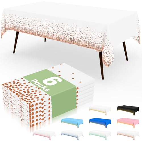 misaya Einweg-Tischdecke, gepunktet, 137 x 274 cm, wasserdichte Kunststoff-Tischdecke, rechteckig, rotgoldene Punkte in Weiß, Tischdecken für Picknick, Geburtstag, Party, 6 Packungen von misaya