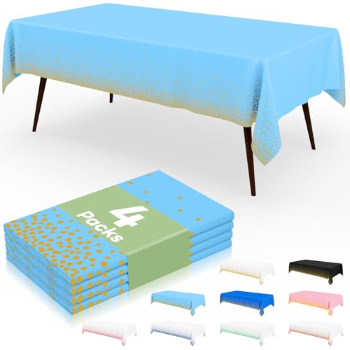 misaya Einweg-Tischdecke, gepunktet, 137 x 274 cm, wasserdichte Kunststoff-Tischdecke, rechteckige goldene Punkte in Hellblau, Tischdecke für Picknick, Geburtstag, Party, 4 Packungen von misaya