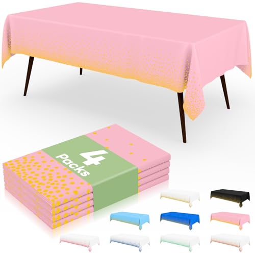 misaya Einweg-Tischdecke, gepunktet, 137 x 274 cm, wasserdichte Kunststoff-Tischdecke, rechteckige goldene Punkte in Rosa, Tischdecke für Picknick, Geburtstag, Party, 4 Packungen von misaya