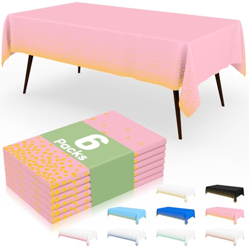 misaya Einweg-Tischdecke, gepunktet, 137 x 274 cm, wasserdichte Kunststoff-Tischdecke, rechteckige goldene Punkte in Rosa, Tischdecke für Picknick, Geburtstag, Party, 6 Packungen von misaya