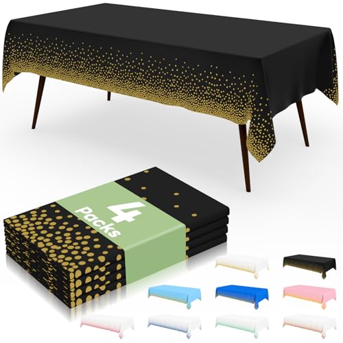 misaya Einweg-Tischdecke, gepunktet, 137 x 274 cm, wasserdichte Kunststoff-Tischdecke, rechteckige goldene Punkte in Schwarz, Tischdecke für Picknick, Geburtstag, Party, 4 Packungen von misaya
