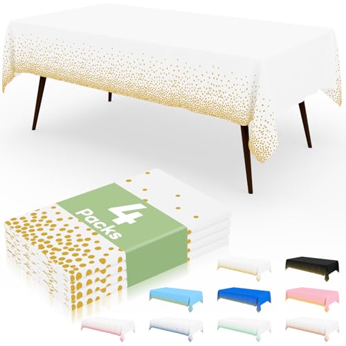 misaya Einweg-Tischdecke, gepunktet, 137 x 274 cm, wasserdichte Kunststoff-Tischdecke, rechteckige goldene Punkte in Weiß, Tischdecke für Picknick, Geburtstag, Party, 4 Packungen von misaya