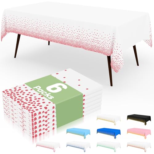 misaya Einweg-Tischdecke, gepunktet, 137 x 274 cm, wasserdichte Kunststoff-Tischdecke, rechteckige rosa Punkte in Weiß, Tischdecken für Picknick, Geburtstag, Party, 6 Packungen von misaya
