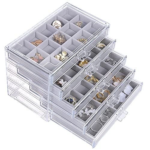 misaya Ohrring-Schmuck-Organizer mit 5 Schubladen, Geburtstags- und Muttertagsgeschenk, klare Acryl-Schmuckschatulle für Frauen, Samt-Ohrring-Display-Halter für Ohrringe, Ring, Halskette, Grau misaya Ohrring-Schmuck-Organizer mit 5 Schubladen, Geburtstags- und Muttertagsgeschenk, klare Acryl-Schmuckschatulle für Frauen, Samt-Ohrring-Display-Halter für Ohrringe, Ring, Halskette, Grau von misaya