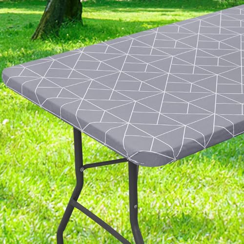 misaya Rechteckige Kunststoff-Tischdecke, elastische Vinyl-Flanell-Tischdecke, wasserdichte Tischdecke, passend für 1,8 m Klapptische für Outdoor, Picknick, Camping (Grau, 76,2 x 182,9 cm) von misaya