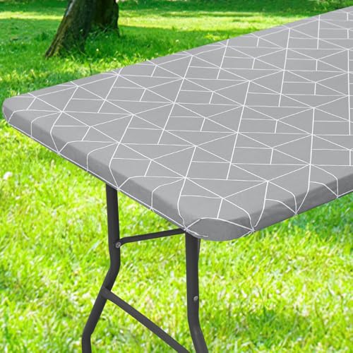 misaya Rechteckige Kunststoff-Tischdecke, elastische Vinyl-Flanell-Tischdecke, wasserdichte Tischdecke, passend für 1,8 m Klapptische für Outdoor, Picknick, Camping (Hellgrau, 76,2 x 182,9 cm) von misaya