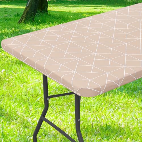 misaya Rechteckige Kunststoff-Tischdecke, elastische Vinyl-Flanell-Tischdecke, wasserdichte Tischdecke, passend für 1,8 m Klapptische für Outdoor, Picknick, Camping (Khaki, 76,2 x 182,9 cm) von misaya