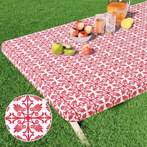 misaya Rechteckige Vinyl-Tischdecke, elastische Flanell-Tischdecke, 100 % wasserdichte Kunststoff-Tischdecke, passend für 120 cm Klapptische für Picknick, Camping, Outdoor, Rot, 76,2 x 121,9 cm von misaya