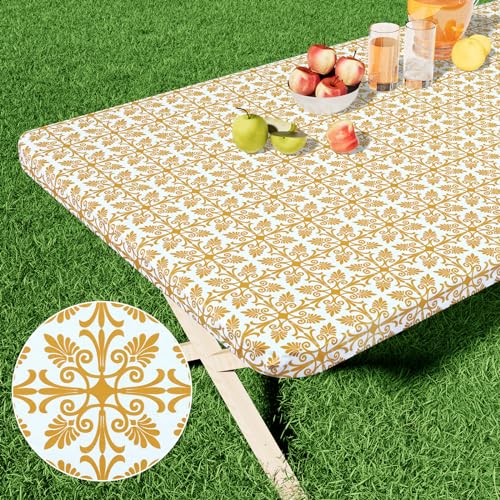 misaya Rechteckige Vinyl-Tischdecke, elastische Flanell-Tischdecke, 100 % wasserdichte Kunststoff-Tischdecke, passend für 120 cm Klapptische für Picknick, Camping, Outdoor (Gold, 76,2 x 121,9 cm) von misaya