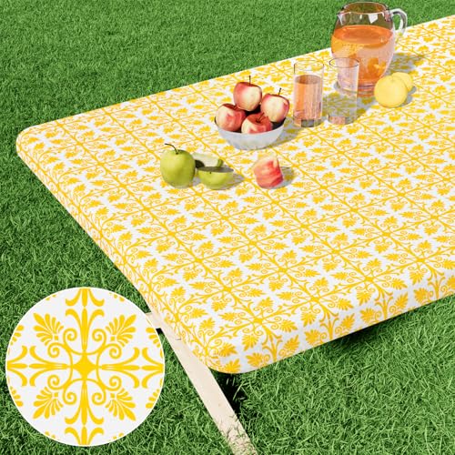 misaya Rechteckige Vinyl-Tischdecke, elastische Flanell-Tischdecke, 100 % wasserdichte Kunststoff-Tischdecke, passend für 2,4 m Klapptische für Picknick, Camping, Outdoor (Gelb, 76,2 x 243,8 cm) von misaya