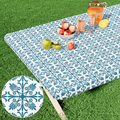 misaya Rechteckige Vinyl-Tischdecke, elastische Flanell-Tischdecke, 100 % wasserdichte Kunststoff-Tischdecke, passend für 2,4 m Klapptische für Picknick, Camping, Outdoor (Türkis, 76,2 x 243,8 cm) von misaya