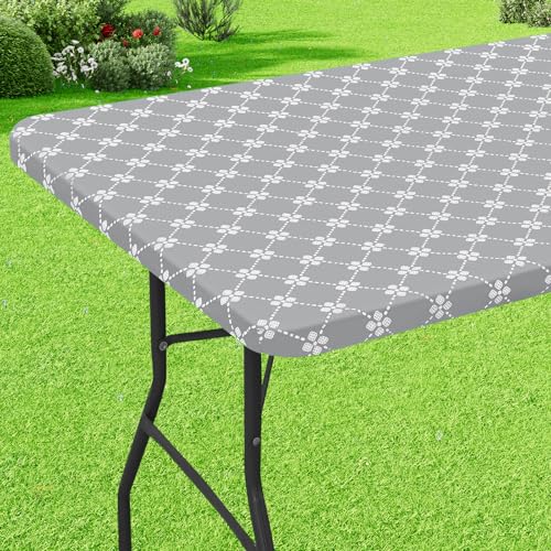 misaya Rechteckige Vinyl-Tischdecke, elastische Tischdecke mit Flanell-Rückseite, wasserdichte Kunststoff-Tischdecke, passend für Klapptische für Camping, drinnen und draußen (Hellgrau, 91,4 x 152,4 von misaya