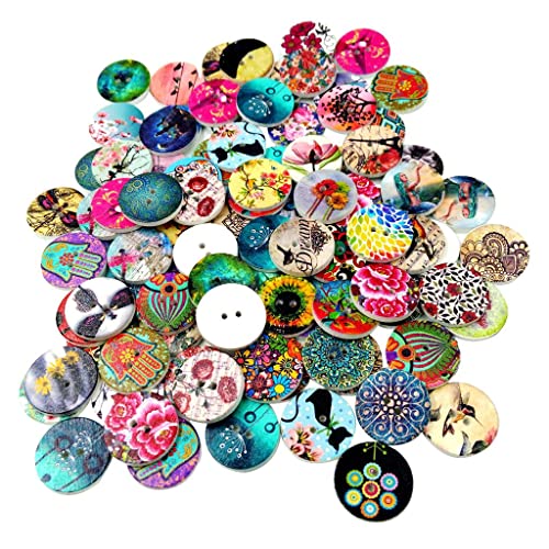 100 Stück Holzknöpfe mit 2 Löchern, bemalt, für Bastelarbeiten, Scrapbooking von misppro