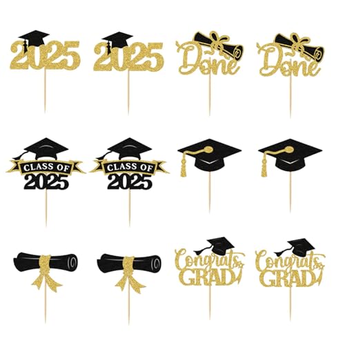Cupcake-Topper zum Schulabschluss 2025, Glitzer-Design, Congrats Award, Tortenaufsatz, Zubehör für Abschlussdekorationen, Gold, 12 Stück Cupcake-Topper zum Schulabschluss 2025, Glitzer-Design, Congrats Award, Tortenaufsatz, Zubehör für Abschlussdekorationen, Gold, 12 Stück von misppro