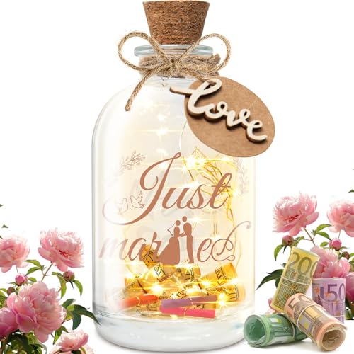 Miudeco Hochzeitsgeschenke für Brautpaar, Geldgeschenk Hochzeit, Geldgeschenke zur Hochzeit, LED Flaschenlicht Hochzeit (Just Married) von miudeco