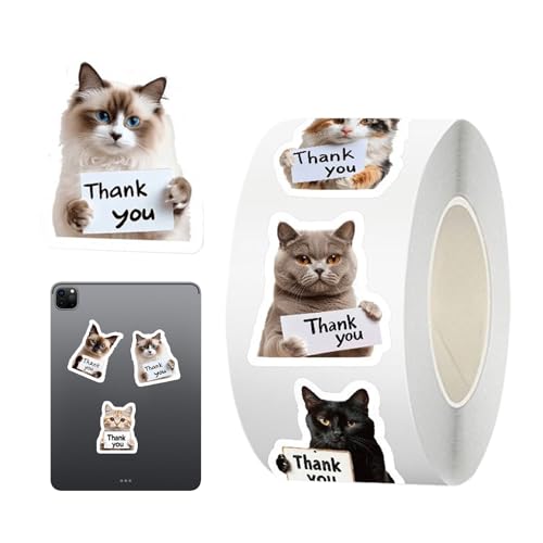 mivceklw Süße Katzen Sticker Rolle - 500 Stücke Wasserdichte Danke Selbstklebende Etiketten - Wasserflasche Aufkleber - Für Jugendliche Erwachsene Laptop Trinkflasche Handy Umschlag Unterricht Party von mivceklw