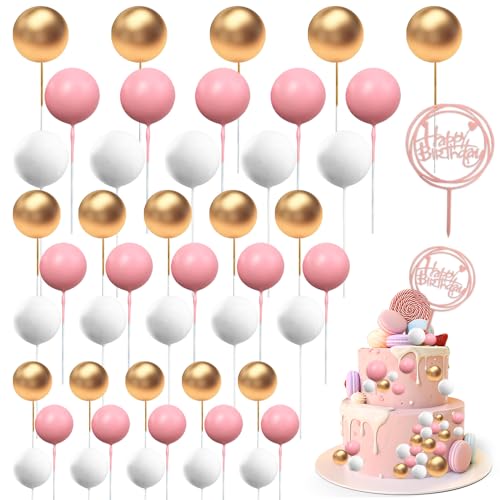 mizikuu 46 Stück Tortendeko Kugeln, Kuchen Dekoration Kugel Schaumkugeln Cupcake Topper DIY Cake Topper Geburtstag für Hochzeit,Hochzeitstag,Geburtstag,Babyparty (Gold Rosa Weiß) von mizikuu