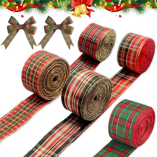 mizikuu 5 Rollen Kariertes Sackleinen Band, 6 Yards Verdrahtet Bänder Weihnachten Büffel Plaid Sackleinen Band Geschenkband Verpackung für Geschenk Weihnachtskranz Weihnachtsbaum von mizikuu