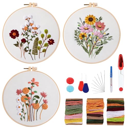 mizikuu Stickset für Anfänger, 3 Stück Blumen Sticken Set Handstickerei-Kits für Erwachsene mit 2 Stück Stickrahmen, Englisches Anleitung und Werkzeuge Embroidery Kit für DIY Kunst Sticken von mizikuu