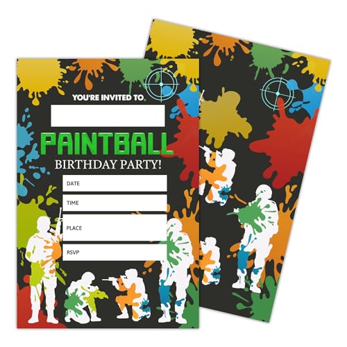 Paintball-Geburtstagsparty-Einladungskarte für Kinder, Farbkugel-Geburtstagsparty-Einladungen für Jungen und Mädchen, Paintball-Geburtstagsparty-Zubehör für Teenager, Geburtstagsparty-Einladungen (20 von mjicjin