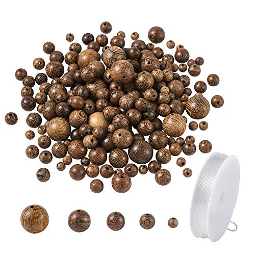 790 Stück natürliche gestreifte runde Holzperlen mit 1 Rolle Kristallfaden für Schmuckherstellung (6 mm, 8 mm, 10 mm, 12 mm, 15 mm) von mkslksbhnxl